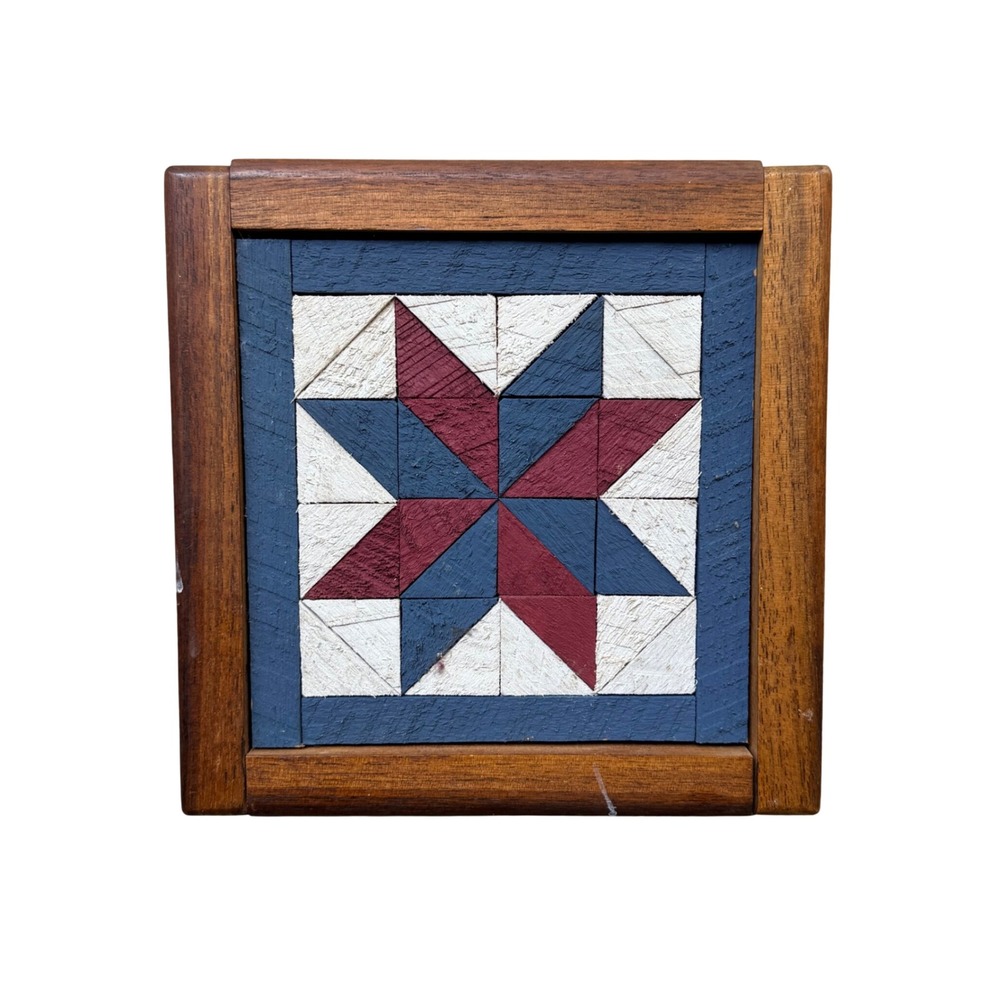 JG‎ White Wooden Quilt Originals Star Flower Walnut Frame Wall Art 1992 7.5in